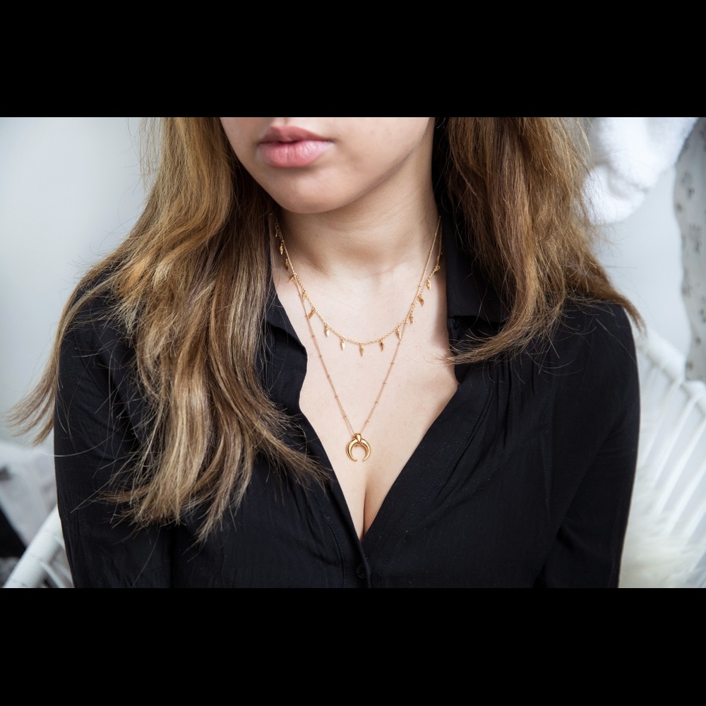 Layered Gold Crescent Pendant Necklace Set - Women